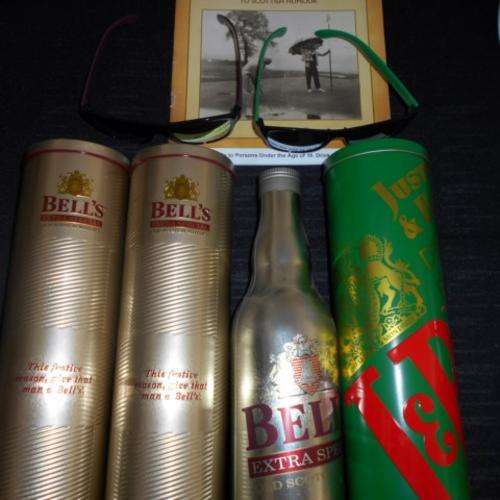 BELLS WHISKEY AND J&B WHISKEY TINS AND SUNGLASSES ETC